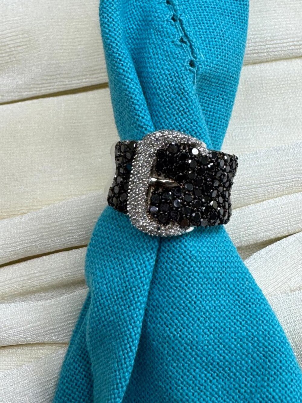 Ladies Ring with Buckle with Black and White Diamonds size 7.5